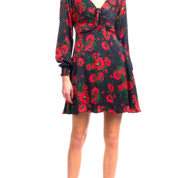 FREE PEOPLE Fit & Flare Dress Size XS Floral & Polka Dot Pattern Shirred Cuffs - Picture 3 of 4